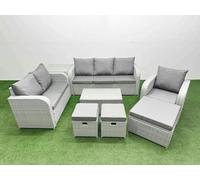 Fimous Patio PE Wicker 9 Seater Outdoor Rattan Furniture Sofa Sets with Rectangular Coffee Table 3 Seater Sofa Stool Side Table Light Grey