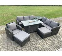 Fimous 9-Seater Rattan Gas Fire Pit Dining Set | Indoor/Outdoor Reclining Chair, 3-Seater Sofa, Side Table, 2 Footstools