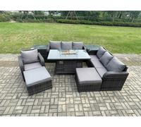 Fimous 9-Seater Rattan Gas Fire Pit Dining Set | Outdoor / Indoor Sofa, Reclining Chair, 2 Side Tables & 2 Footstools