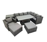 Fimous 9 Seater Rattan Height Adjustable Rising Lifting Table Corner Sofa Sets with Chair 2 Big Stools Side Table Dark Grey Mixed