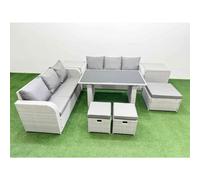 Fimous 9 Seater Rattan Outdoor Dining Table 3 Seater Sofa Set with 2 Side Tables 3 Stools Light Grey