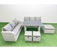 Fimous 9 Seater Rattan Outdoor Dining Table 3 Seater Sofa Set with 3 Stools Light Grey