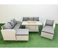Fimous 9 Seater Rattan Outdoor Garden Furniture Fire Pit Dining Table Sofa Set 3 Seater Sofa Reclining Chair 3 Seater Sofa 2 Big Footstools Light Grey