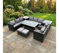 Fimous 9 Seater?Outdoor Rattan Garden Furniture Set Adjustable Rising Lifting Dining Table With Side Table Chairs Stools Dark Grey Mixed