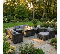 Fimous Outdoor Rattan Garden Furniture Gas Fire Pit Dining Table Sets Gas Heater Lounge Chairs Side Tables Dark Mixed Grey 9 Seater