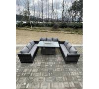 Fimous 9 Seater?U Shape Outdoor Lounge Rattan Sofa Set Garden Furniture Gas Firepit Set Dining Table Dark Grey Mixed