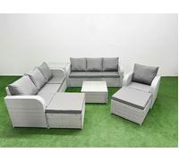 9 Seater Poly Rattan Outdoor Garden Furniture Square Coffee Table Sofa Set Patio 3 Seater Sofa Reclining Chair 3 Seater Sofa 2 Big Footstools Side Tab Fimous Light Grey One Size