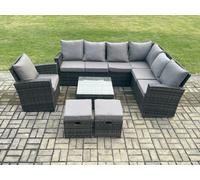 Fimous 9 Seater Wicker PE Outdoor Garden Furniture Set High Back Rattan Corner Sofa Chair Set with 2 Small Footstools Square Coffee Table