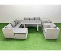 Fimous 9 Seater Wicker PE Rattan Furniture Outdoor Dining Table 3 Seater Sofa Armchair Set with 2 Side Tables Big Stool Light Grey