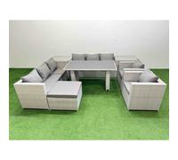 Fimous 9 Seater Wicker Pe Rattan Furniture Outdoor Dining Table 3 Seater Sofa Armchair Set With 2 Side Table Big Stool Light Grey