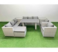 Fimous 9 Seater Wicker PE Rattan Furniture Outdoor Dining Table 3 Seater Sofa Armchair Set with 2 Side Tables Big Stool Light Grey