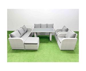 Fimous 9 Seater Wicker PE Rattan Furniture Outdoor Dining Table 3 Seater Sofa Reclining Chair Set with Side Table Big Stool Light Grey