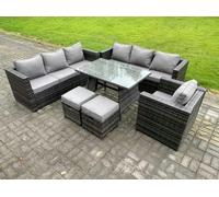 Fimous 9 Seater Wicker PE Rattan Garden Dining Set Outdoor Furniture Sofa with Patio Dining Table Armchair 2 Small Stools Dark Grey Mixed