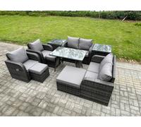 Fimous 9 Seater Wicker PE Rattan Garden Dining Set Outdoor Furniture Sofa with Rectangular Dining Table 2 Side Tables 3 Footstools Dark Grey Mixed