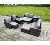 Fimous 9 Seater Wicker PE Rattan Garden Dining Set Outdoor Furniture Sofa with Rectangular Dining Table Side Table 3 Footstools Dark Grey Mixed