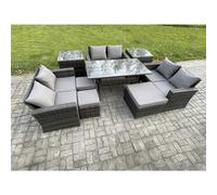 9 Seater Wicker PE Rattan Garden Furniture Sets Outdoor Lounge Sofa Set with Oblong Dining Table Double Seat Sofa Fimous Dark Grey One Size