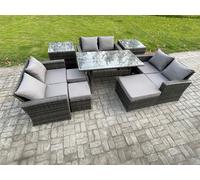 Fimous 9 Seater Wicker PE Rattan Garden Furniture Sets Outdoor Lounge Sofa Set with Oblong Dining Table Double Seat Sofa in Dark Grey Fimous Dark Grey