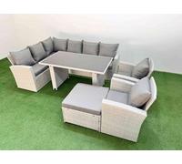 Fimous 9 Seater Wicker Rattan Corner Sofa Sets Outdoor Garden Furniture Sets With Lounge Sofa Big Footstool Light Grey