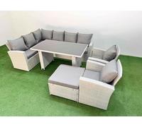 Fimous 9 Seater Wicker Rattan Corner Sofa Sets Outdoor Garden Furniture Sets with Rectangular Dining Table Lounge Sofa Big Footstool Light Grey