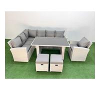 Fimous 9 Seater Wicker Rattan Corner Sofa Sets Outdoor Garden Furniture Sets with Rectangular Dining Table Lounge Sofa 2 Small Footstools Armchair