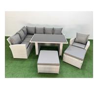 Fimous 9 Seater Rattan Corner Sofa Set Outdoor Garden Furniture Set with Rectangular Dining Table Lounge Sofa 2 Big Footstools Armchair Light Grey
