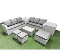 Fimous 9 Seater Wicker Rattan Furniture Sofa Sets Rectangular Coffee Table High Back Lounge Sofa 3 Stools 2 Side Table Light Grey