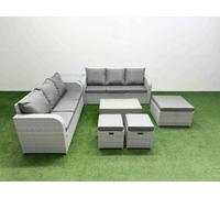 Fimous 9 Seater Wicker Rattan Furniture Sofa Sets Rectangular Coffee Table High Back Lounge Sofa 3 Stools Side Table Light Grey