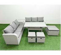 Fimous Outdoor Garden Furniture Sets 9 Seater Wicker Rattan Furniture Sofa Sets with 3 Stools Side Table Light Grey
