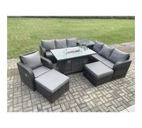 Fimous 9-Seater Rattan Gas Fire Pit Dining Set | Indoor/Outdoor Reclining Chair, 3-Seater Sofa, Side Table, 2 Footstools