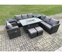 Fimous 9-Seater Rattan Gas Fire Pit Dining Set | Indoor/Outdoor Reclining Sofa, Chair, Side Table, 2 Footstools