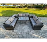 Fimous 9 Seater Wicker Rattan Garden Furniture Set with Rectangular Dining Table 2 Side Tables Patio Outdoor Lounge Sofa Set
