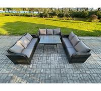 9 Seater Wicker Rattan Garden Furniture Set with Rectangular Dining Table Patio Outdoor Lounge Sofa Set Fimous Dark Grey One Size