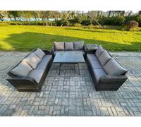 Fimous 9 Seater Wicker Rattan Garden Furniture Set with Rectangular Dining Table Side Table Patio Outdoor Lounge Sofa Set