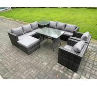 Fimous 9 Seater Wicker Rattan Outdoor Furniture Lounge Sofa Garden Dining Set with Dining Table 2 Armchairs Side Tables Big Footstool Dark Grey Mixed
