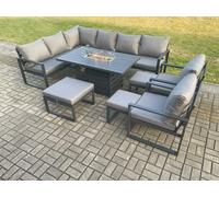 Fimous Aluminium 10 Pieces Garden Furniture Corner Sofa Set with Cushions Gas Fire Pit Dining Table Set with 2 Chairs 3 Footstools Dark Grey Fimous Dark Grey