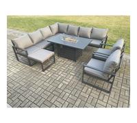 Fimous Aluminium 10 Seater Garden Furniture Outdoor Set Patio Lounge Sofa Gas Fire Pit Dining Table Set with 2 Chairs Big Footstool Dark Grey