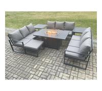 Fimous Aluminium 10 Seater Garden Furniture Outdoor Set Patio Lounge Sofa Gas Fire Pit Dining Table Set with Big Footstool 2 Dark Grey