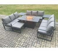 Fimous Aluminium 10 Seater Garden Furniture Outdoor Set Patio Lounge Sofa Gas Fire Pit Dining Table Set with Big Footstool 2 Side Tables in Dark Grey Fimous Dark Grey