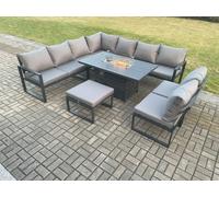 Fimous Aluminium 10 Seater Lounge Corner Sofa Outdoor Garden Furniture Sets Gas Fire Pit Dining Table Set with Big Footstool Dark Grey
