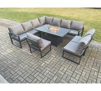 Fimous Aluminium 10 Seater Lounge Corner Sofa Outdoor Garden Furniture Sets Gas Fire Pit Dining Table Set Dark Grey