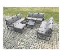 Fimous Aluminium 10 Seater Outdoor Garden Furniture Set Patio Lounge Sofa with Square Coffee Table Big Footstool Conservatory Set Dark Grey