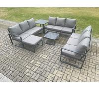 Fimous Aluminium 10 Seater Outdoor Garden Furniture Set Patio Lounge Sofa with Square Coffee Table Side Table Big Footstool Conservatory Set Fimous Dark Grey