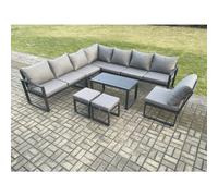 Aluminium 10 Seater Patio Outdoor Garden Furniture Lounge Corner Sofa Set with Oblong Coffee Table 2 Small Footstools Dark Grey Fimous Dark Grey One Size