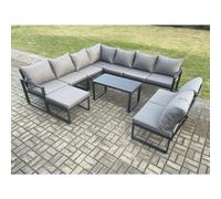 Fimous Aluminium 10 Seater Patio Outdoor Garden Furniture Lounge Corner Sofa Set with Oblong Coffee Table with Big Footstool Dark Grey