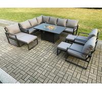 Aluminium 11 Pieces Garden Furniture Corner Sofa Set with Cushions Gas Fire Pit Dining Table Set with 3 Chairs 3 Footstools Dark Grey Fimous Dark Grey One Size