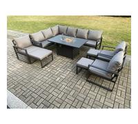 Fimous Aluminium 11 Pieces Garden Furniture Corner Sofa Set with Cushions Gas Fire Pit Dining Table Set with 3 Chairs 3 Footstools Dark Grey