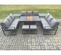 Fimous Aluminium 11 Seater Garden Furniture Outdoor Set Patio Lounge Sofa Gas Fire Pit Dining Table Set with 2 Small Footstools in Dark Grey Fimous Dark Grey