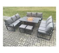 Aluminium 11 Seater Garden Furniture Outdoor Set Patio Lounge Sofa Gas Fire Pit Dining Table Set with 2 Small Footstools Dark Grey Fimous Dark Grey One Size