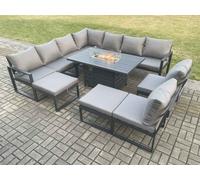 Fimous Aluminium 11 Seater Lounge Corner Sofa Outdoor Garden Furniture Sets Gas Fire Pit Dining Table Set with 2 Big Footstools Dark Grey