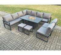 Aluminium 11 Seater Lounge Corner Sofa Outdoor Garden Furniture Sets Gas Fire Pit Dining Table Set with Footstools Fimous Dark Grey One Size